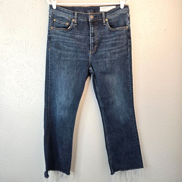 Rag & Bone Bootcut Jeans HIgh Waisted Dark Blue Wash Raw Hem Stretch Denim Sz 32 - Picture 1 of 14